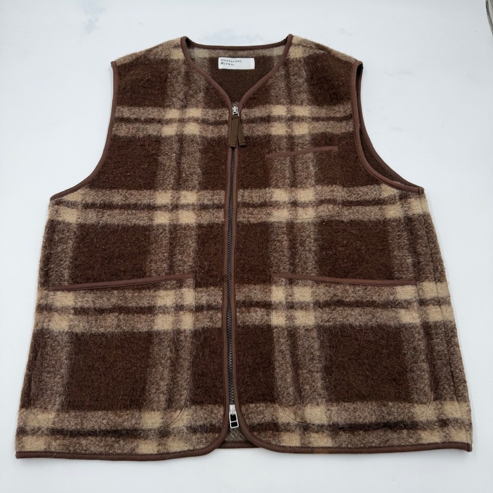 Universal Works Brown Check Wool Mohair Zip Gilet Vest Mens Large Portugal